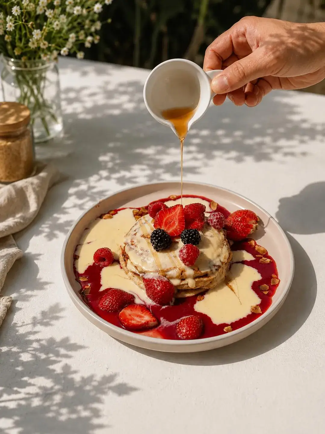Pancakes aux fruits rouges et sirop, servis au brunch du dimanche